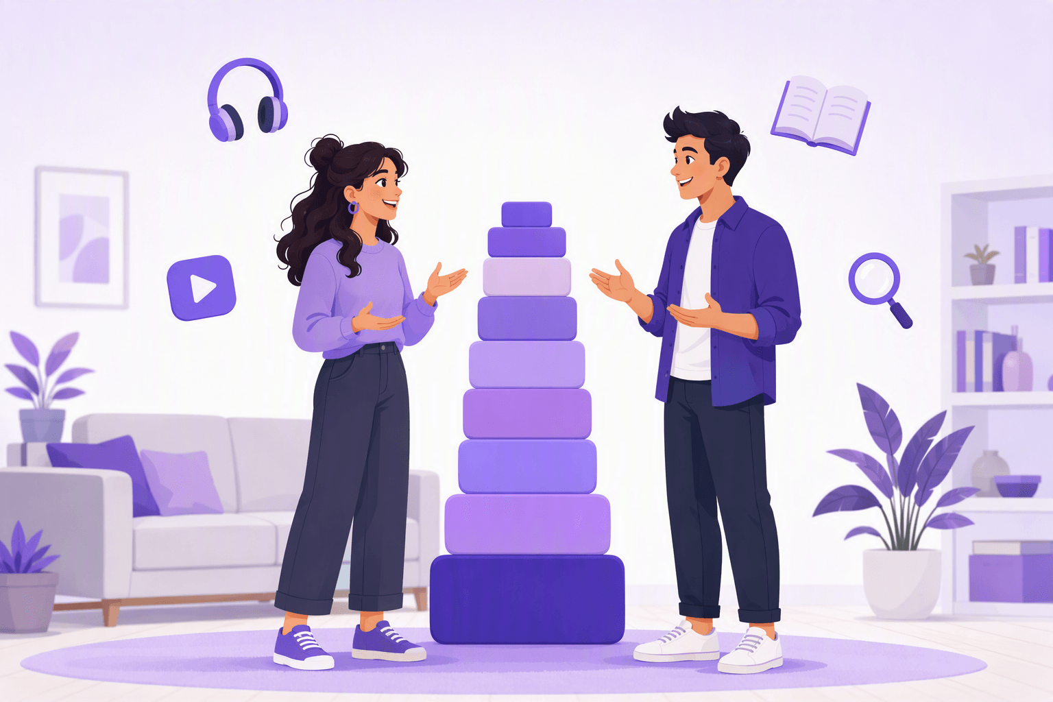 Two friends talking face to face beside a tall stack of rounded blocks, illustrating how the most common English words form the foundation of everyday conversation