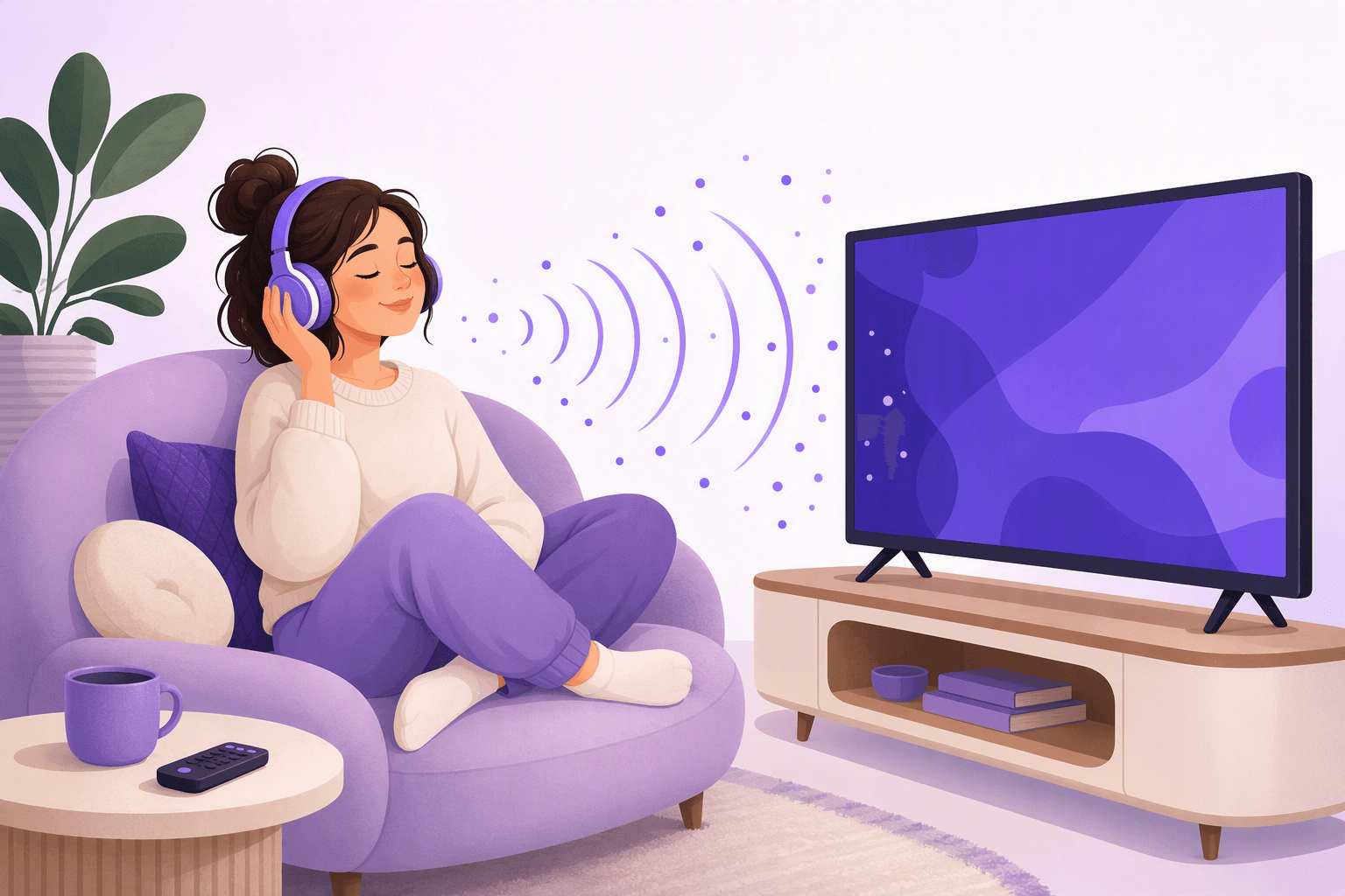 A learner relaxing in an armchair with headphones on, watching a screen while sound waves travel toward her, showing how high-frequency words are trained by listening to films and series