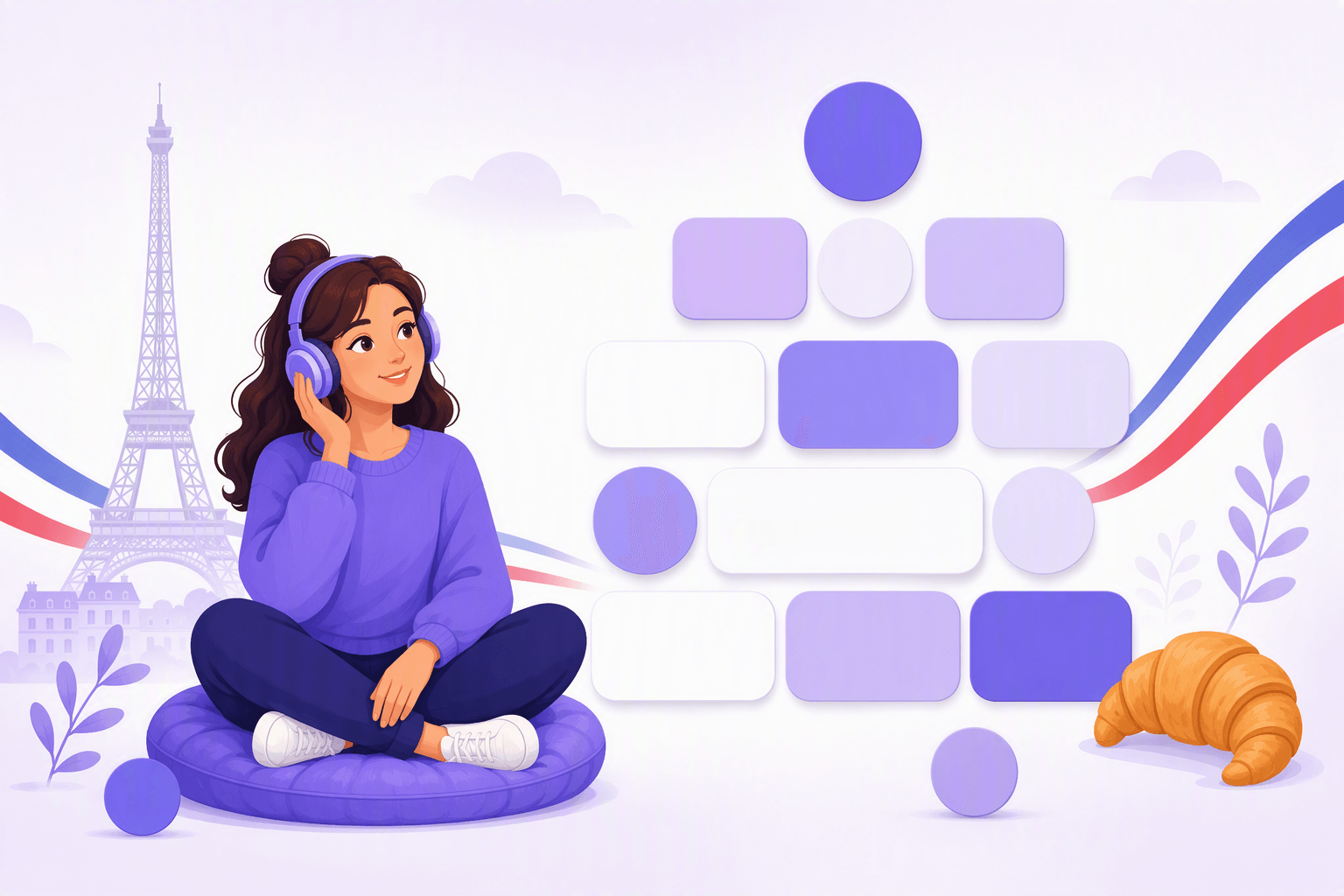 Learner with headphones listening to French, surrounded by blank vocabulary tiles stacked like building blocks, with an Eiffel Tower silhouette and a croissant in the background