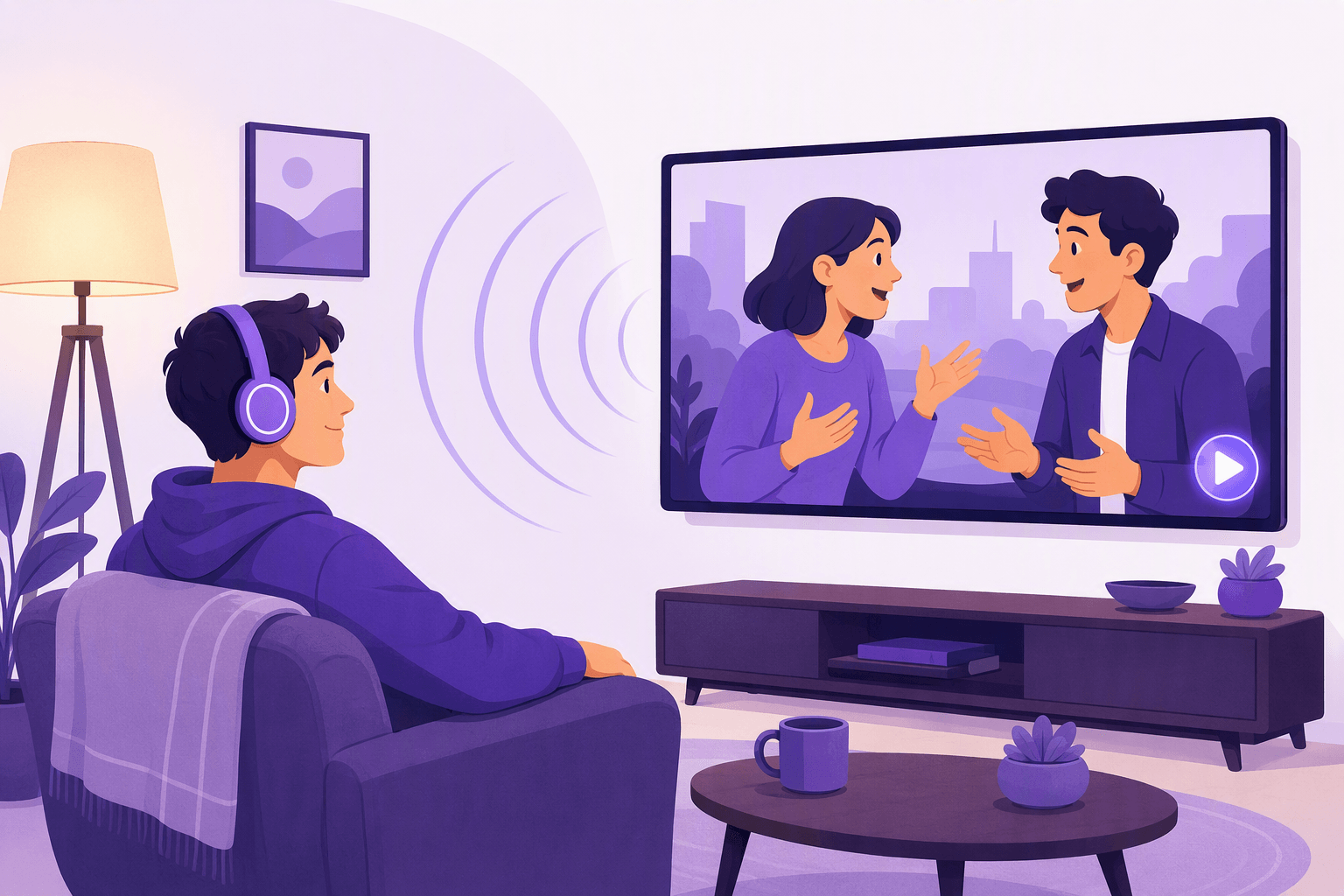 Learner in headphones watching a film at home while two characters on screen talk to each other with open gestures, sound waves travelling toward the viewer