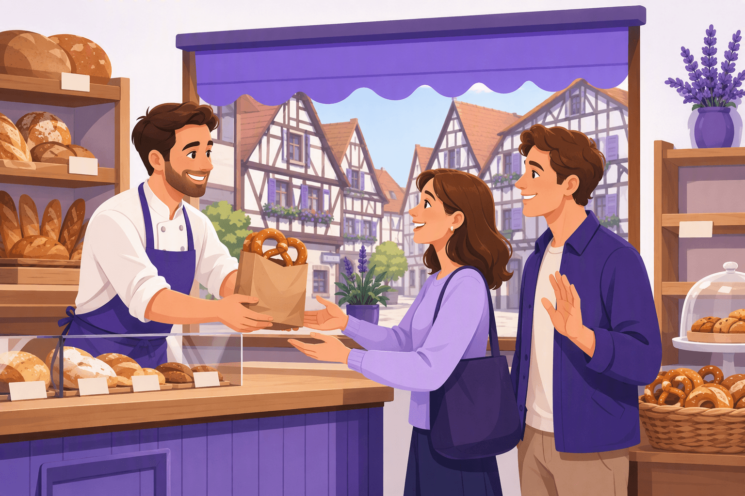 Baker handing a paper bag with a pretzel to a smiling customer in a German bakery, half-timbered houses outside