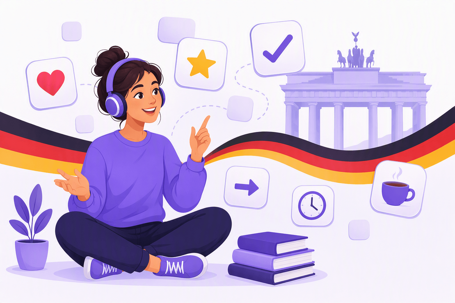Learner listening to German with headphones, surrounded by everyday icons and German flag colours