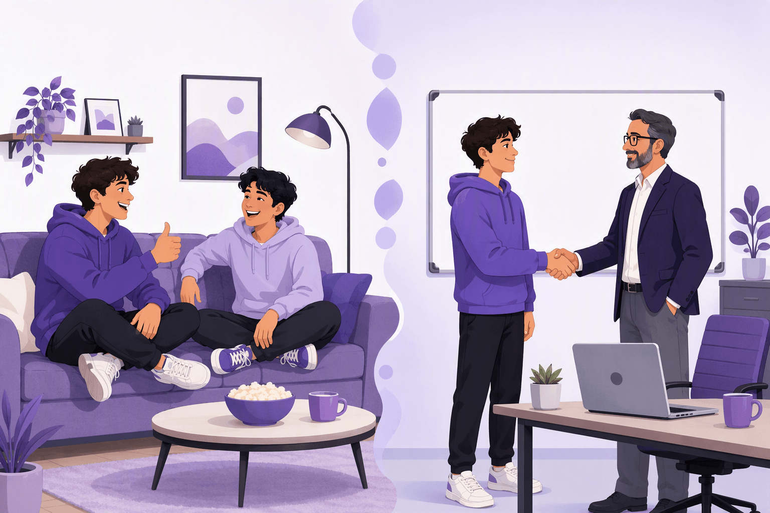 Split illustration: two friends joking on a couch on one side, the same person shaking hands politely with a manager in an office on the other