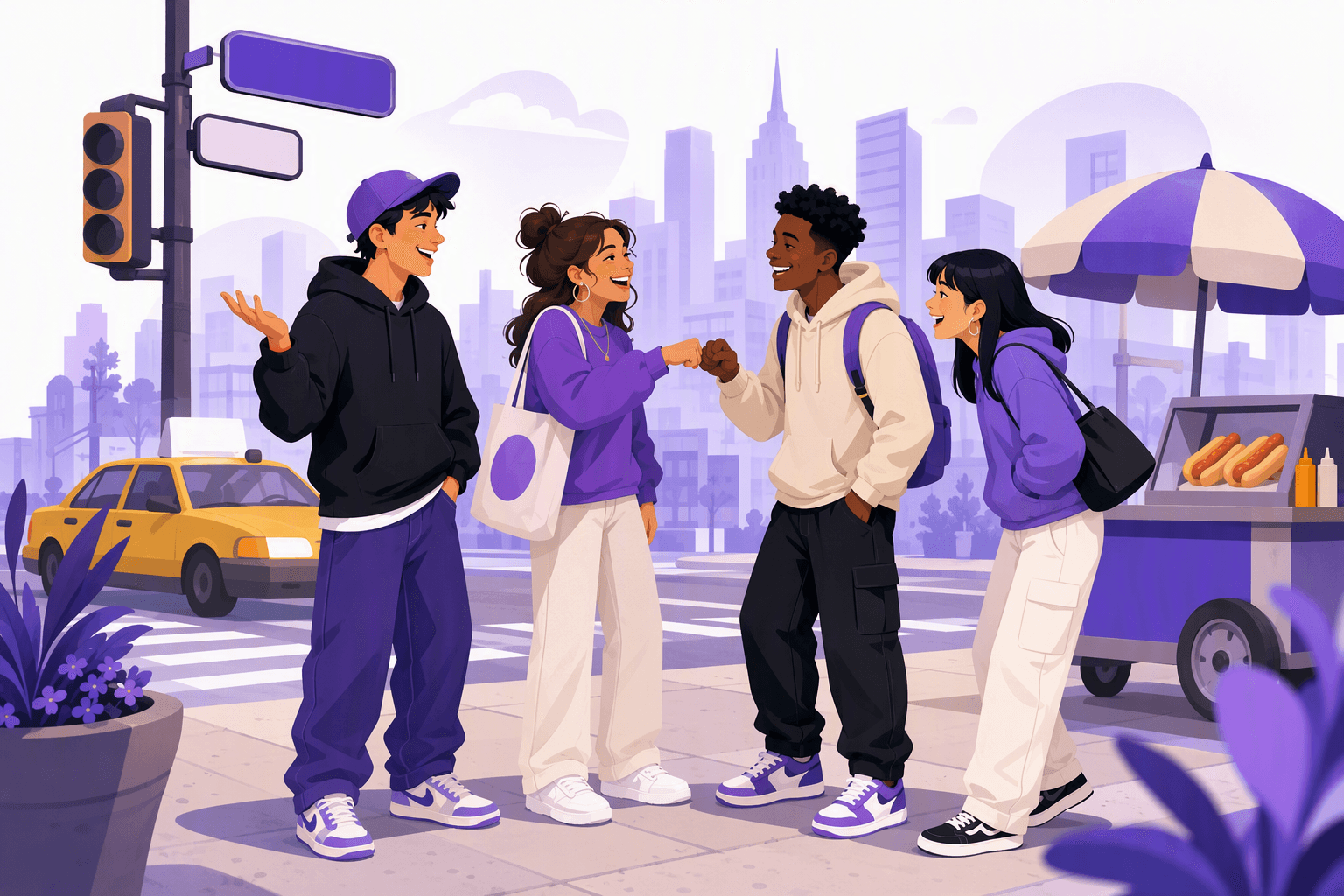 Four young friends chatting and fist-bumping on an American city sidewalk with a taxi and a hot dog cart behind them