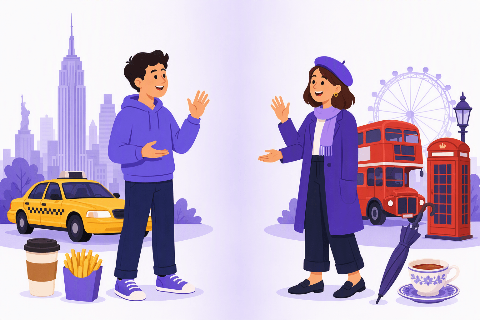 Illustration of American and British English side by side: on the left a person waves in front of a city skyline with a yellow taxi, a takeaway coffee cup and a carton of thin fried potatoes, on the right another person waves in front of a red double-decker bus, a red telephone box, a ferris wheel, an umbrella and a teacup on a saucer