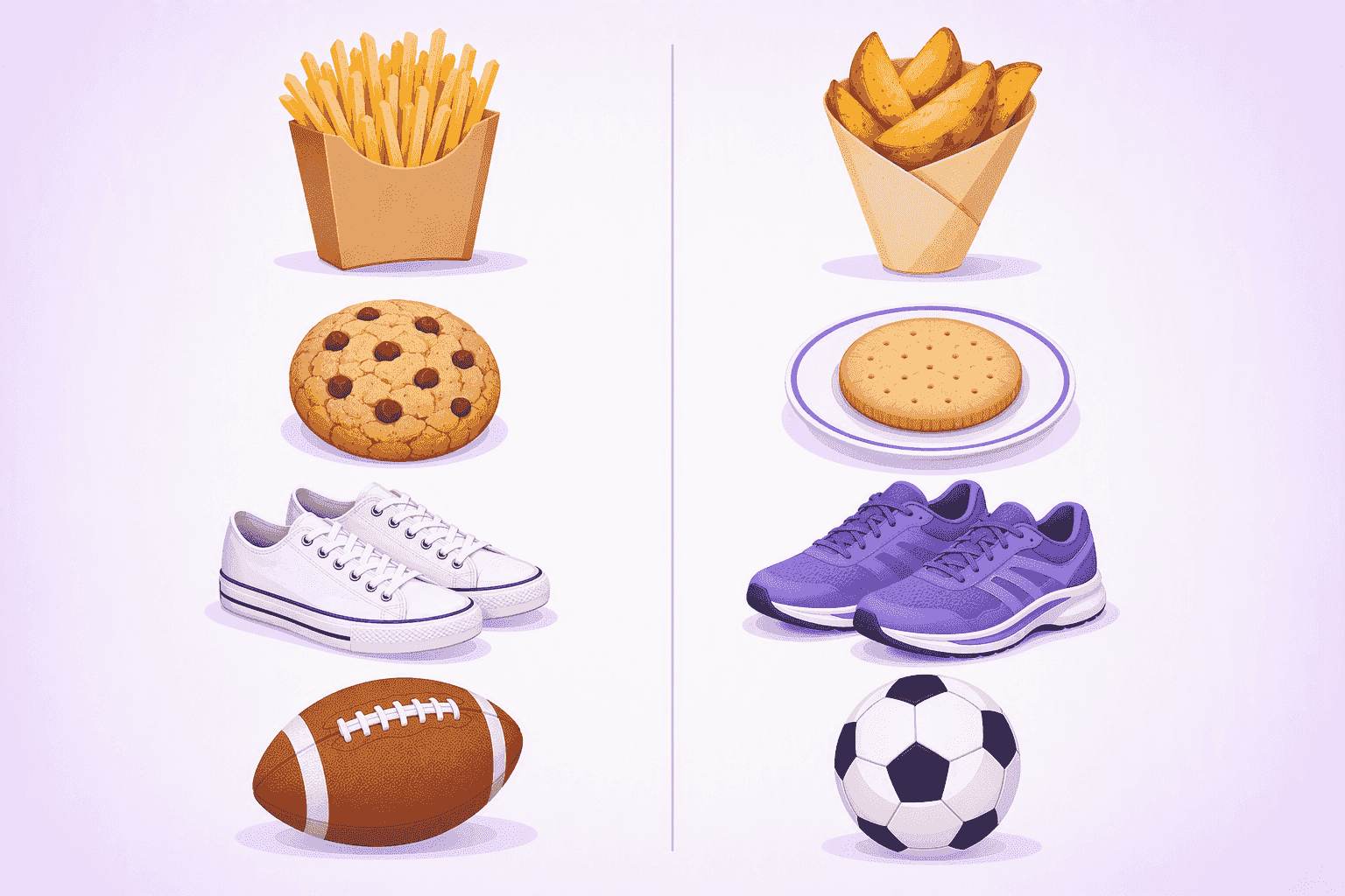 Four pairs of everyday objects shown side by side across a dividing line: a carton of thin fried potato sticks next to a paper cone of thick potato wedges, a chocolate chip cookie next to a plain round tea biscuit on a saucer, white canvas low-top shoes next to purple running shoes, and an oval brown ball with laces next to a round black and white ball