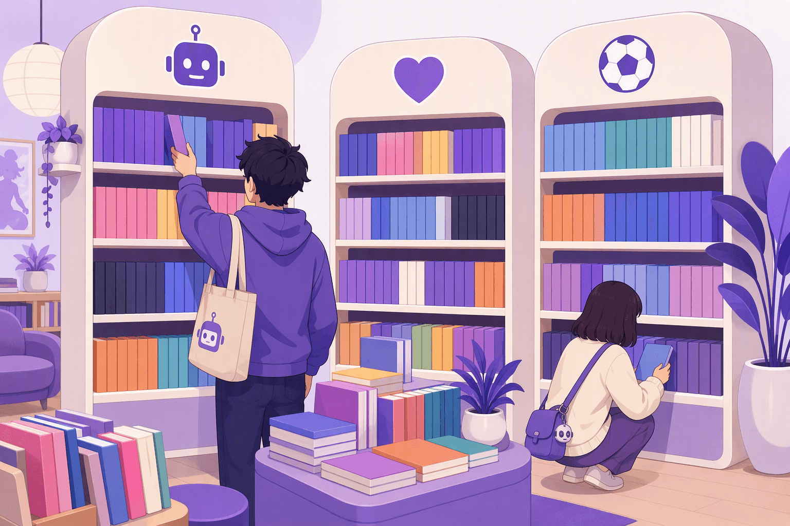 Bookstore aisle where comic volumes with blank spines are split into shelf sections marked by a robot pictogram, a heart and a soccer ball, with two customers browsing