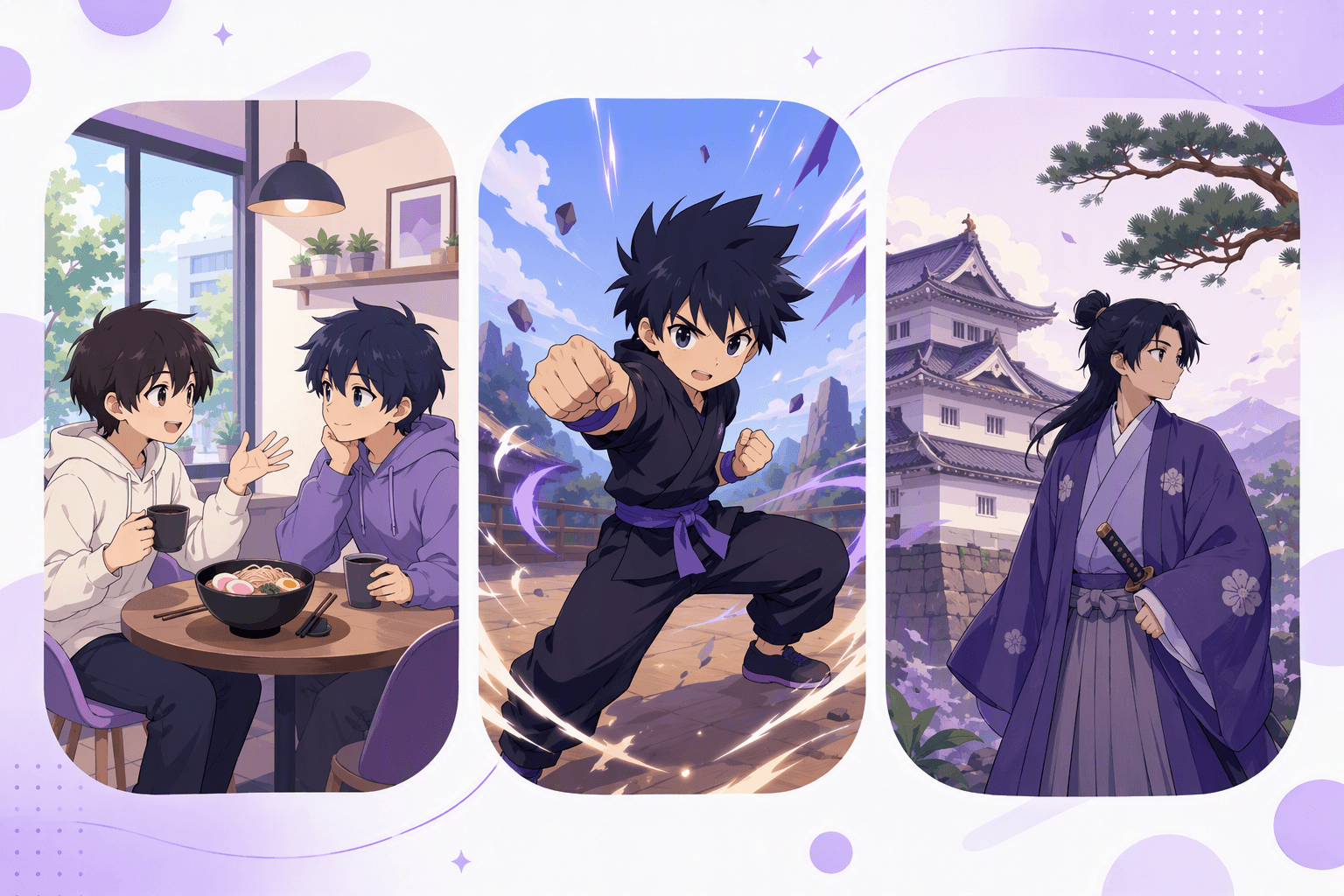 Three anime genre settings side by side: friends chatting over noodles in a cafe, a determined fighter in a training stance, and a robed figure beside a castle