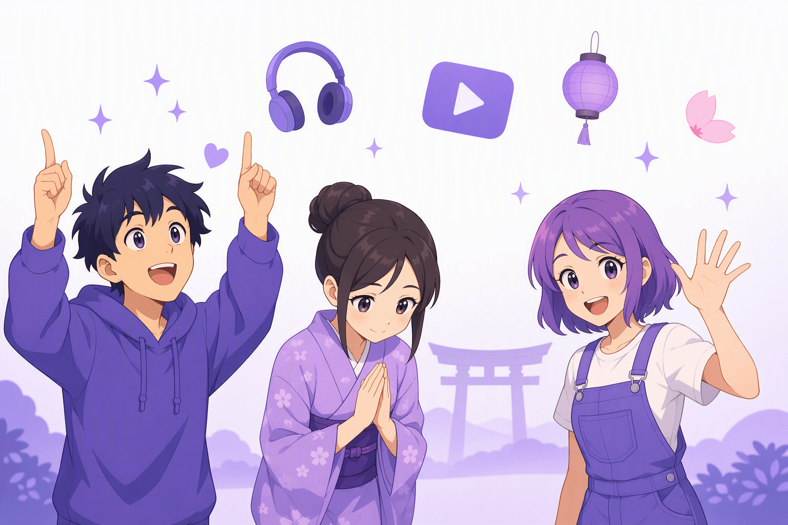Three anime-style characters showing the emotions behind common Japanese words: amazement, a polite apology and a friendly greeting