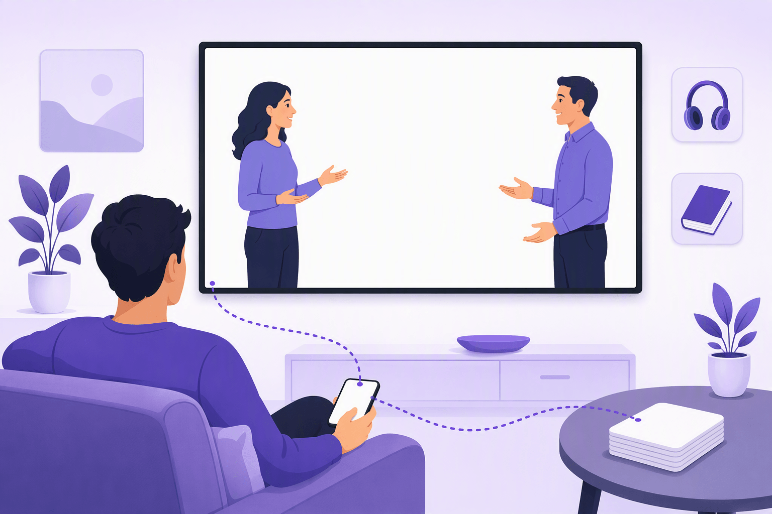 Learner on a sofa watching two characters talk on a television, with a dotted line running from the screen to a blank card on the phone in their hand and onward to a tidy stack of cards on the side table, showing how a line from real input becomes a review card