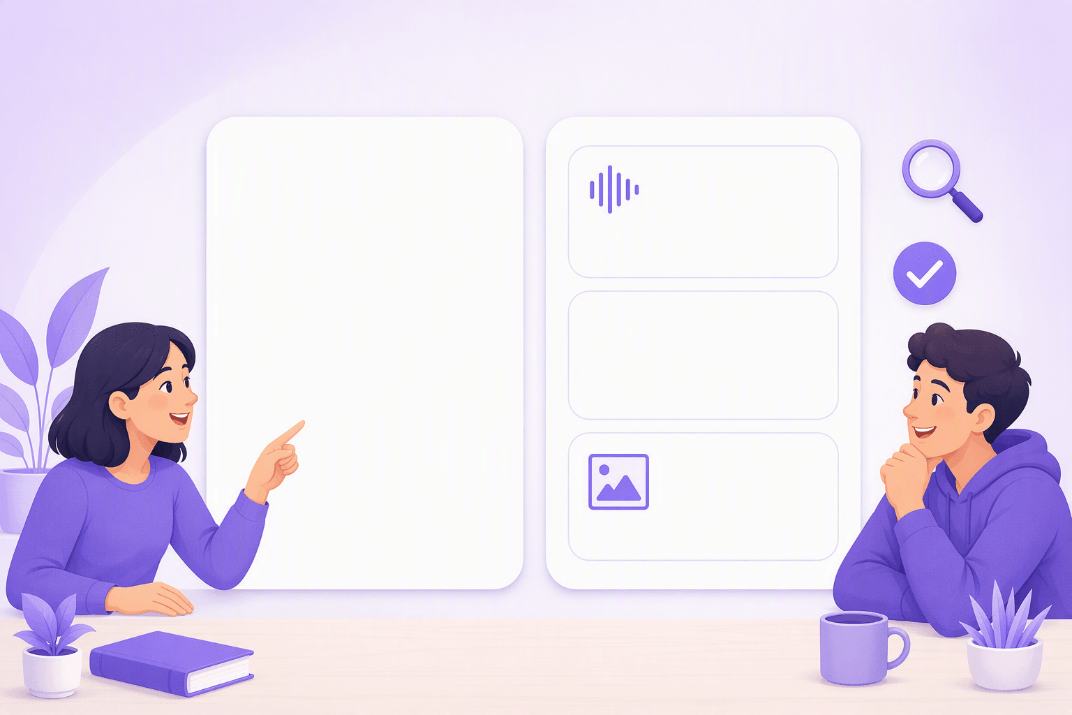 Two learners looking at the front and the back of one flashcard: the front side empty, the back side split into three small blocks holding a sound-wave icon and a picture icon, with a magnifier and a checkmark badge beside them, showing a card that tests one item with audio and an image