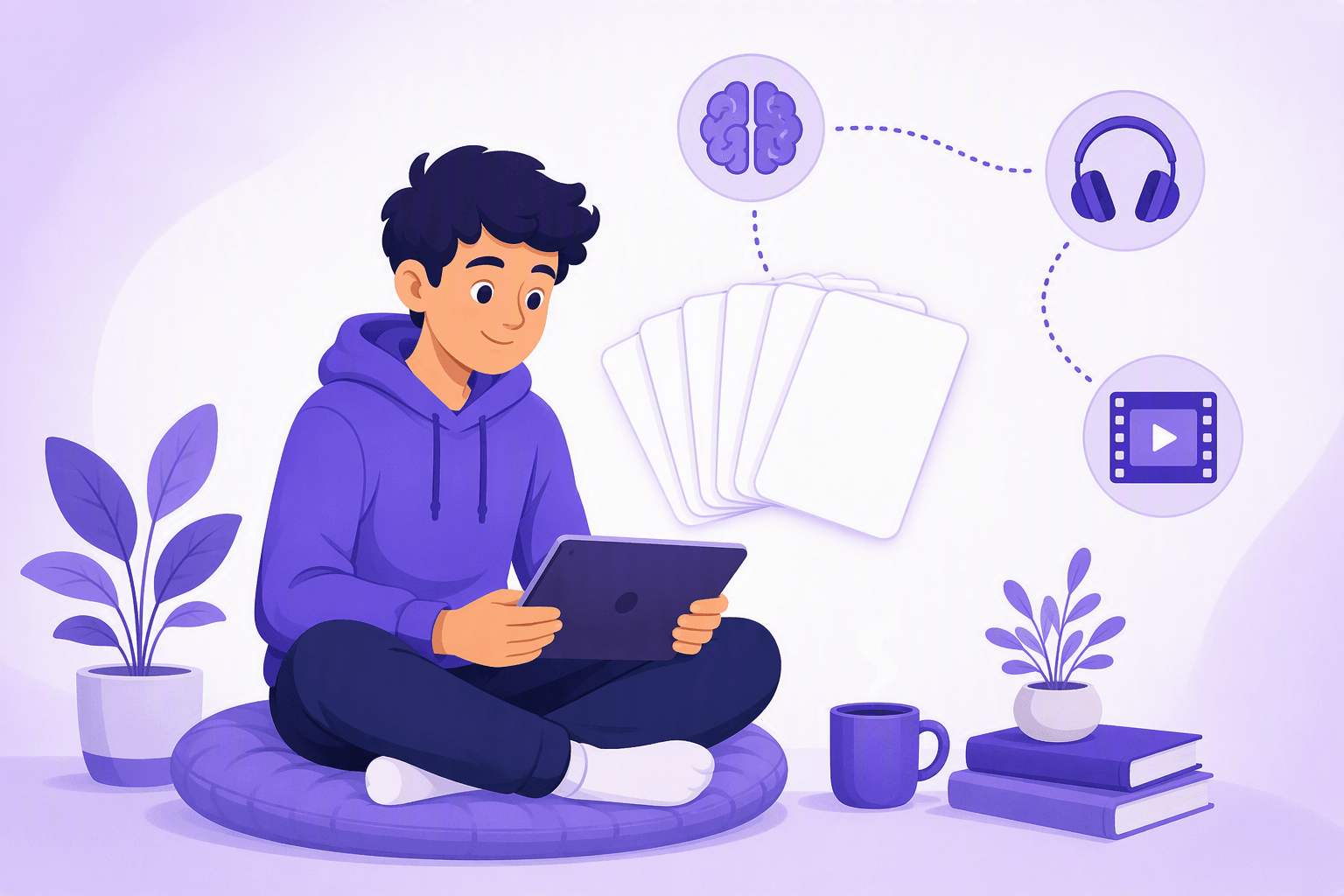 Language learner sitting with a tablet while a fanned stack of blank flashcards floats above it, linked by dotted lines to a brain icon, a headphone icon and a film-screen icon, showing how Anki reviews connect to listening and watching real media