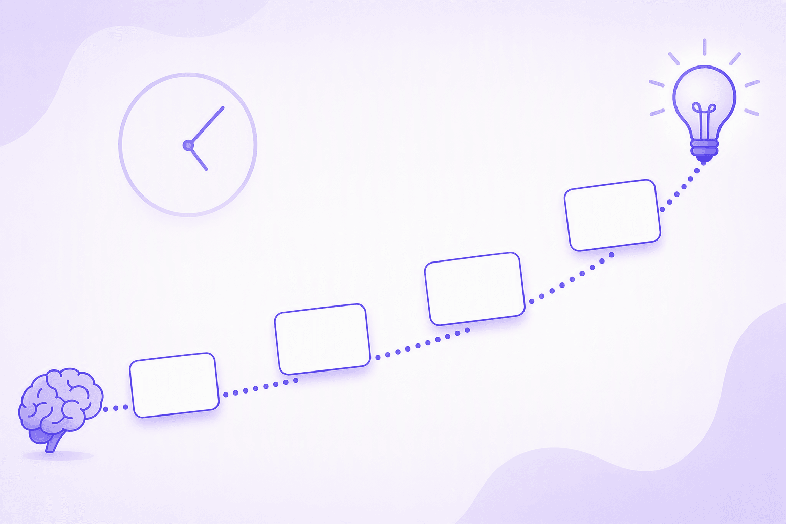 Blank flashcards resting on a rising dotted curve at gradually wider gaps, running from a brain icon on the left to a glowing lightbulb on the right with a plain clock outline behind them, illustrating how spaced repetition stretches the interval between reviews as memory strengthens