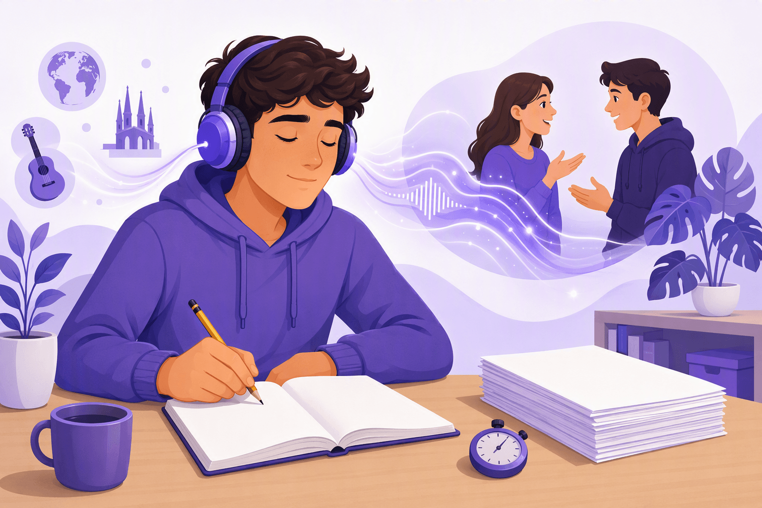 A student wearing headphones takes notes while listening to authentic Spanish audio, with sound waves and two Spanish speakers in conversation behind the desk