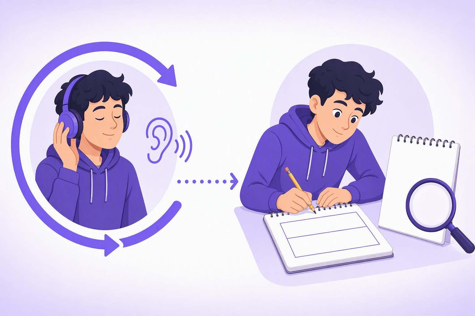 On the first play the student listens with headphones inside a replay loop, on the second play the same student writes short notes into an empty two-row grid beside a magnifying glass