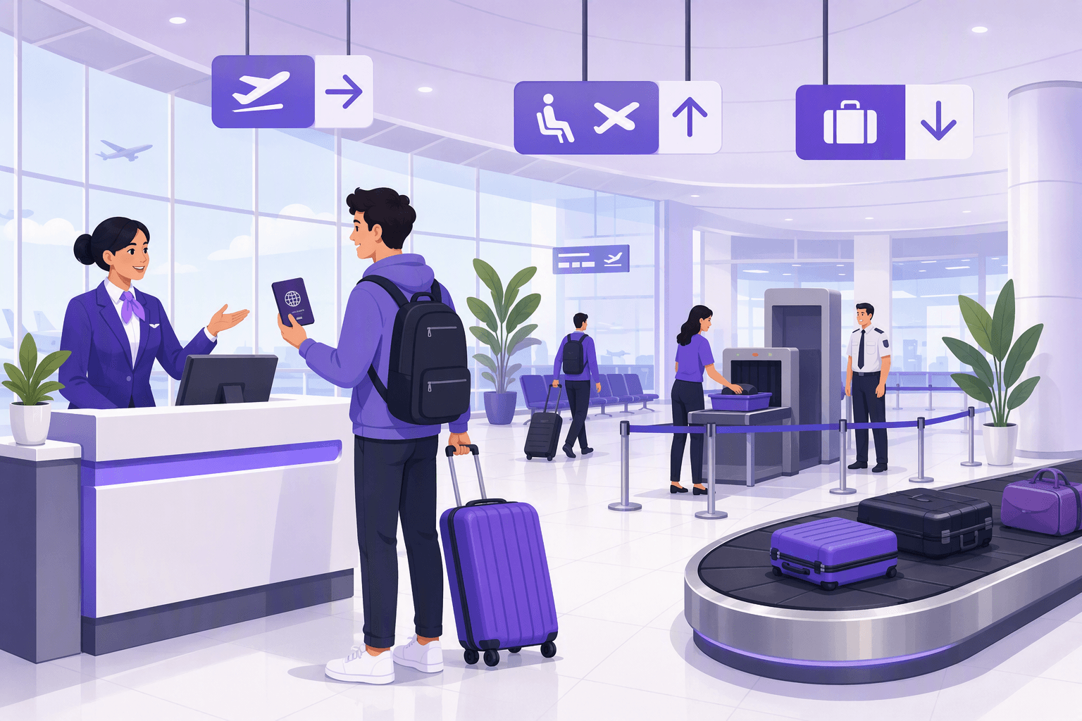A traveler with a passport and suitcase stands at an airport check-in counter near security lanes, departure gates, directional icons, and a baggage-claim carousel.