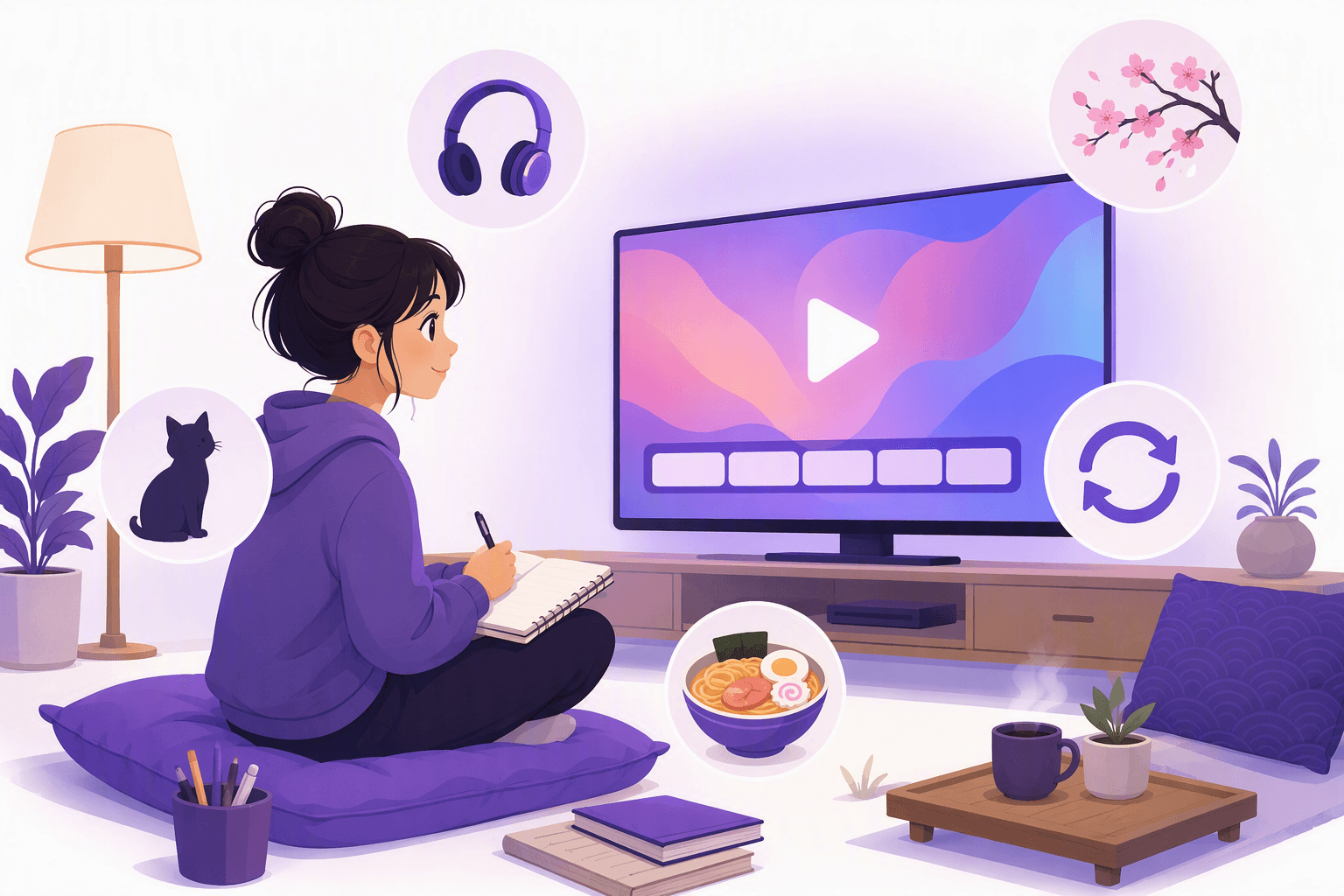 Uno studente seduto su un cuscino da pavimento con un quaderno, che studia il giapponese da una serie anime in riproduzione su uno schermo