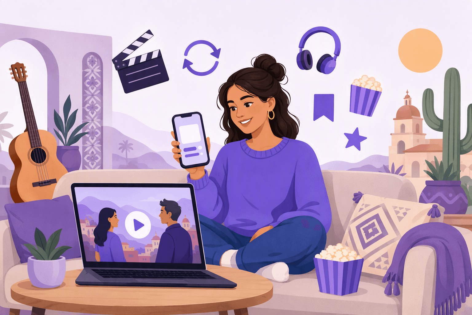 A learner watching a Spanish film on a laptop while saving vocabulary on a phone, surrounded by film and study icons