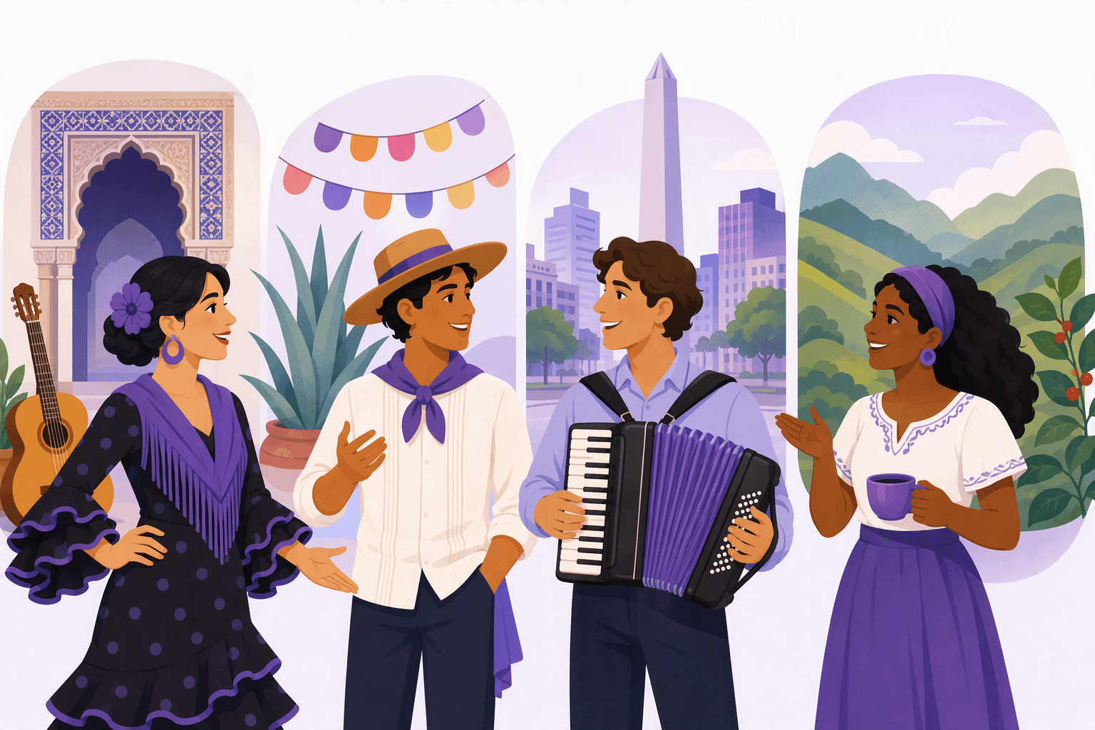 Four Spanish speakers from Spain, Mexico, Argentina and Colombia standing side by side, each in front of a scene from their region