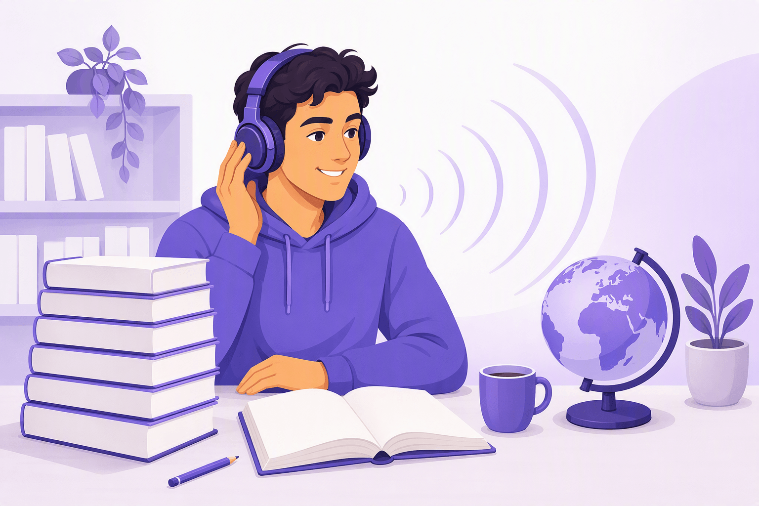 A learner at a desk with a stack of English textbooks and an open notebook, wearing headphones while listening to real spoken English next to a globe