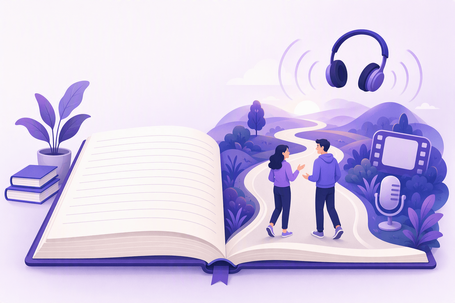 An open textbook whose pages turn into a winding road where two people walk and talk, with headphones, a film frame and a microphone along the way