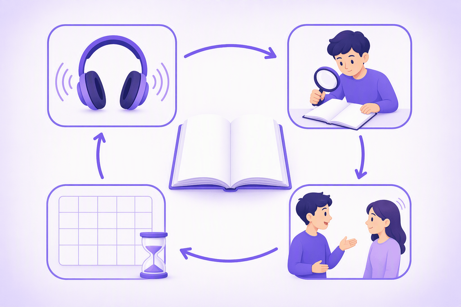 A four-step study loop around an open textbook: listening with headphones, reading closely, speaking with a partner, then reviewing on a schedule