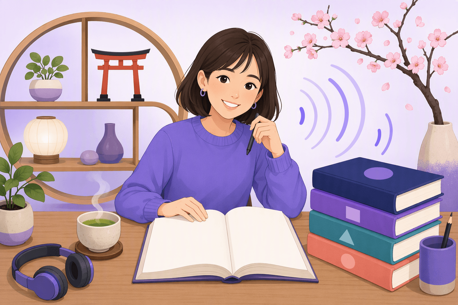 A learner smiling at a study desk with an open book and a stack of four blank-covered Japanese textbooks, headphones and a cup of green tea beside them, a small torii gate and a cherry blossom branch in the background and sound waves suggesting daily listening