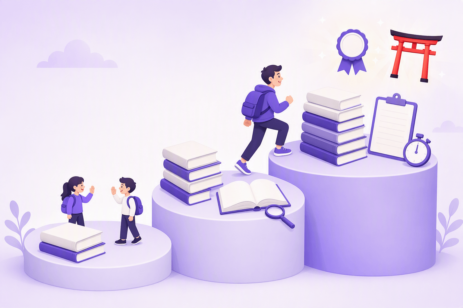 Three rising platforms forming a staircase: a small stack of blank books and two figures greeting each other on the first step, a taller stack with an open blank book and a magnifying glass on the second, a dense stack with a clipboard and a stopwatch on the third, while a learner with a backpack climbs toward a ribbon medal and a small torii gate