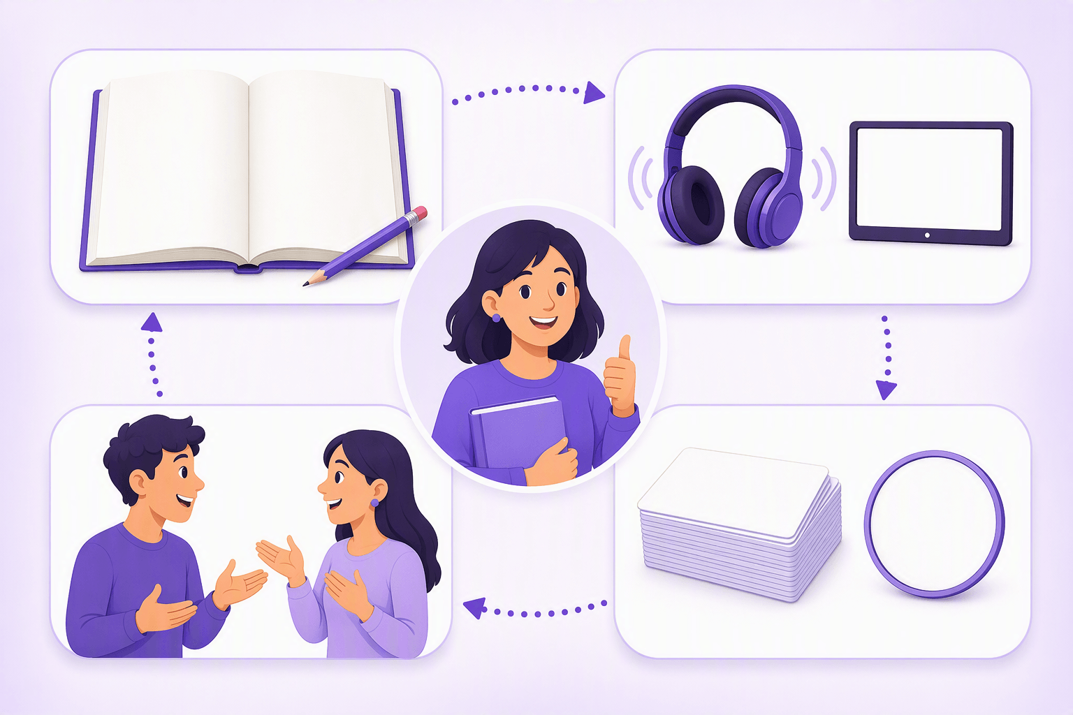 A four-part daily routine loop around a learner holding a book: an open blank textbook with a pencil, headphones with sound waves next to a blank screen, a stack of blank flashcards beside a plain clock, and two people facing each other in conversation, connected by dotted arrows
