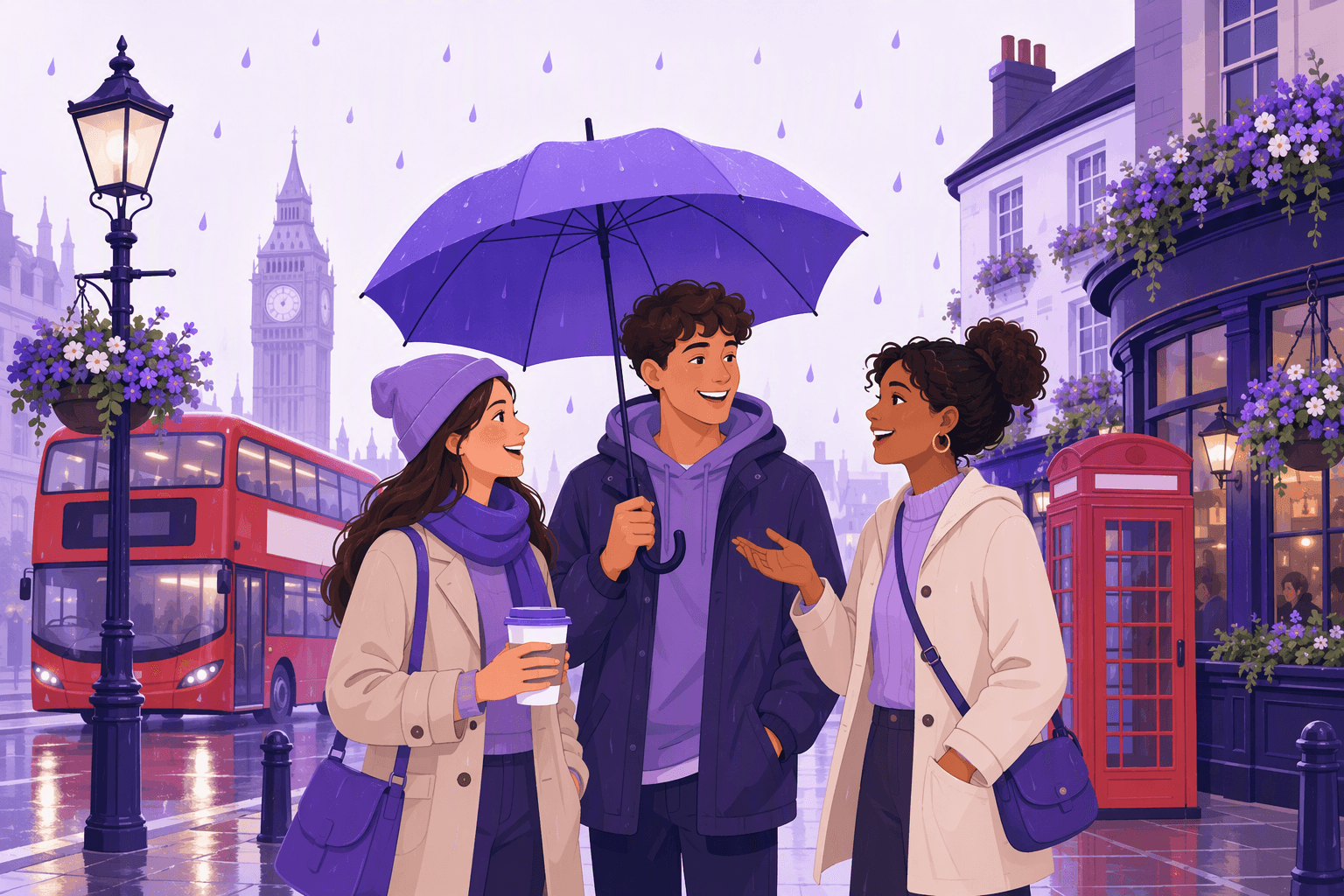 Three friends chatting in the rain on a British street with a red double-decker bus, a red phone box and a corner pub behind them