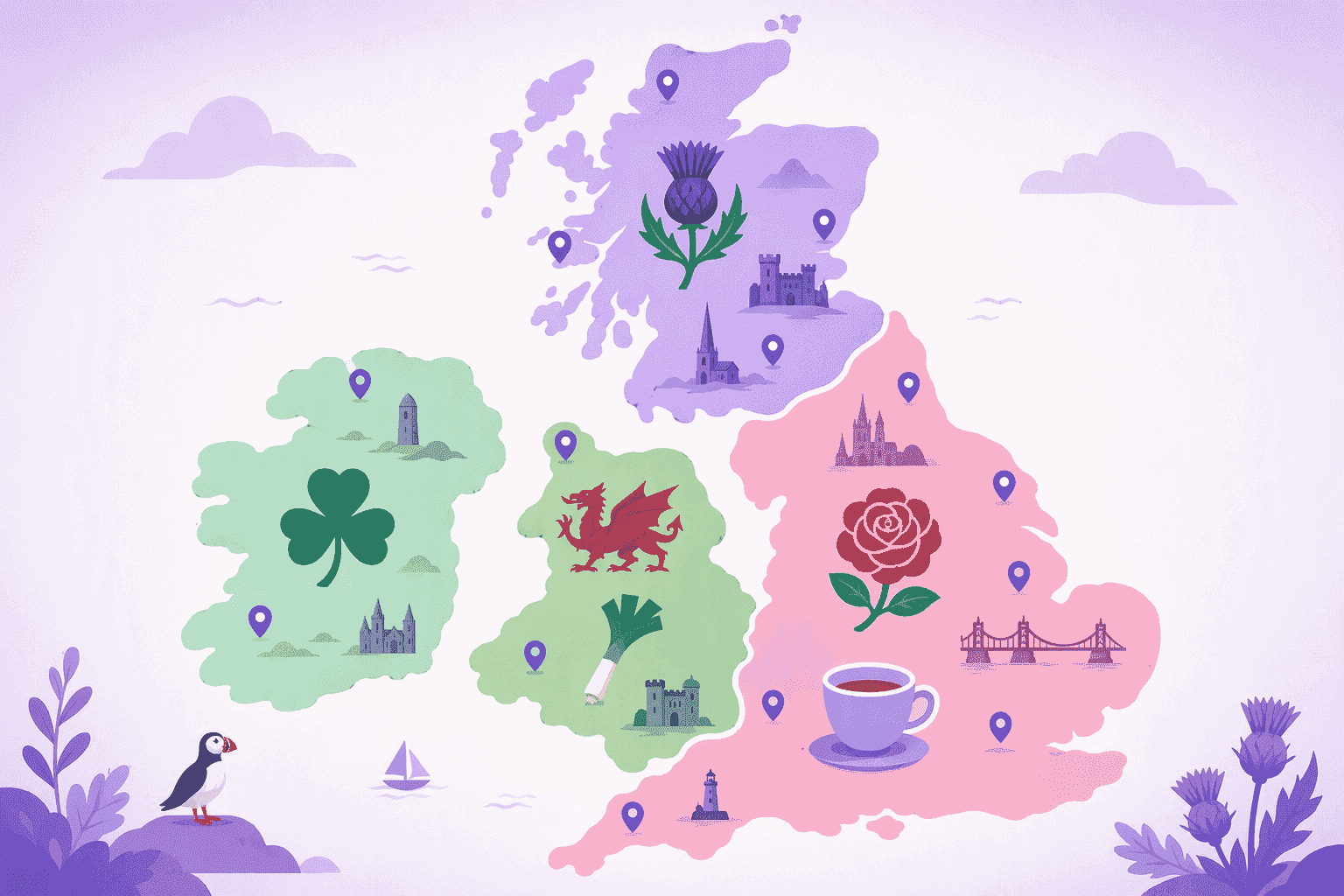 Stylized map of the UK and Ireland with a thistle over Scotland, a dragon and leek over Wales, a shamrock over Ireland and a rose with a teacup over England