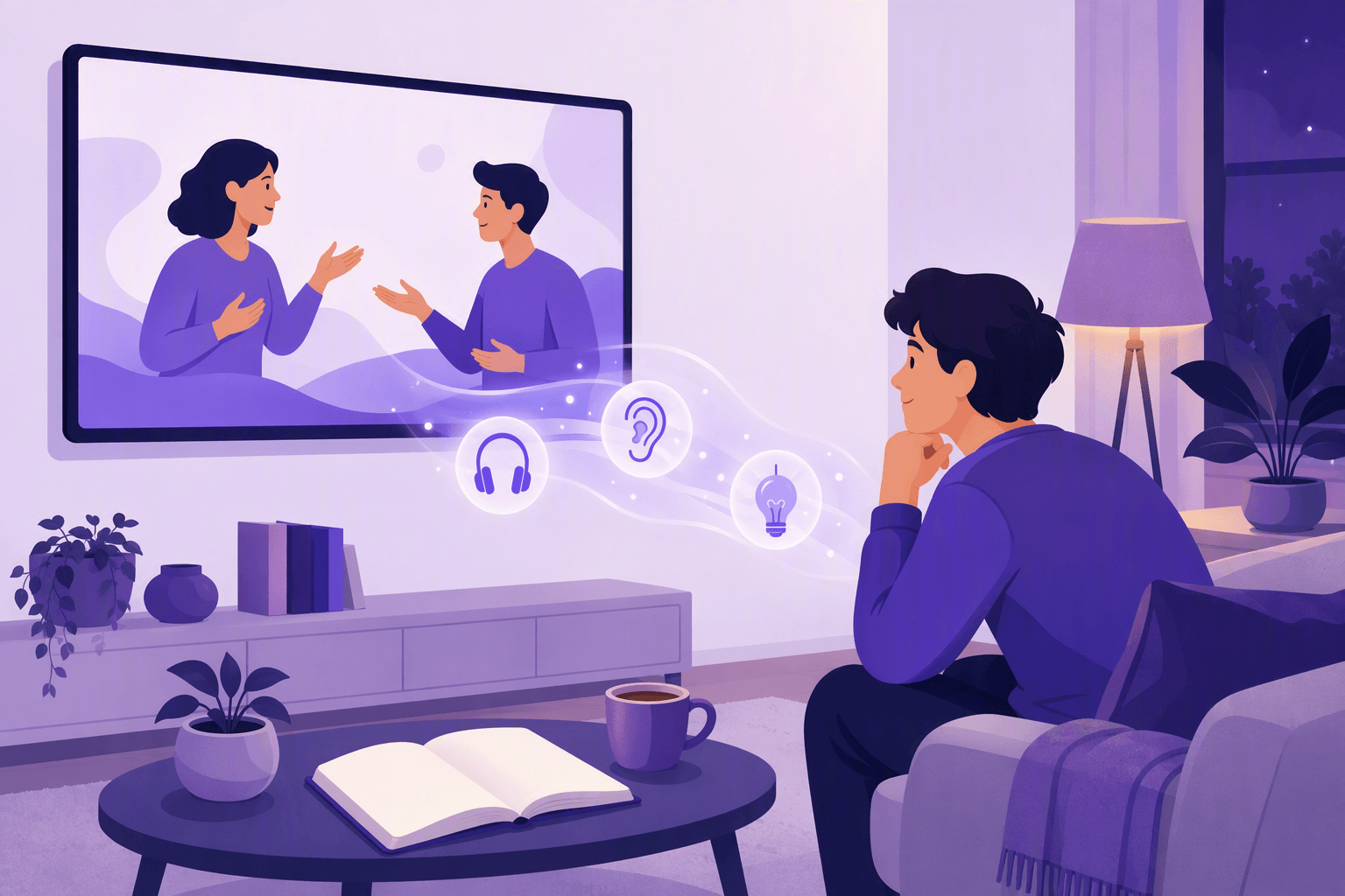 A learner watching a conversation scene on television at home, with listening and understanding icons drifting from the screen toward them