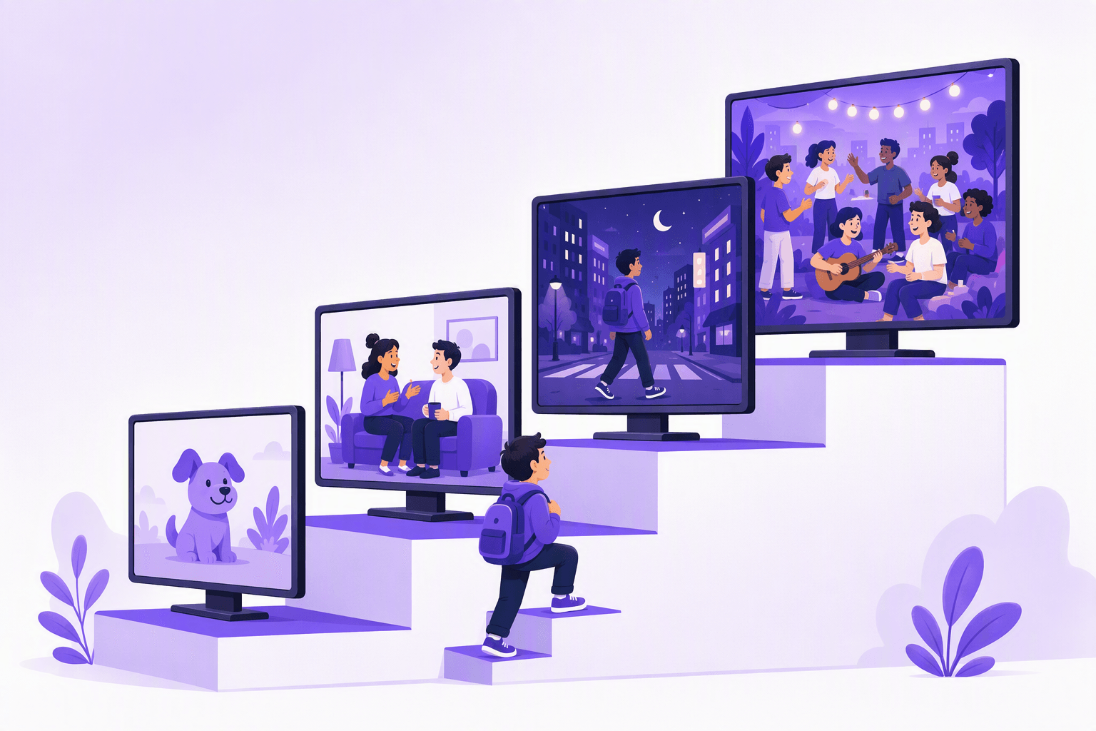 Four television screens rising like staircase steps from a simple cartoon animal to a crowded group scene, with a learner climbing toward the top