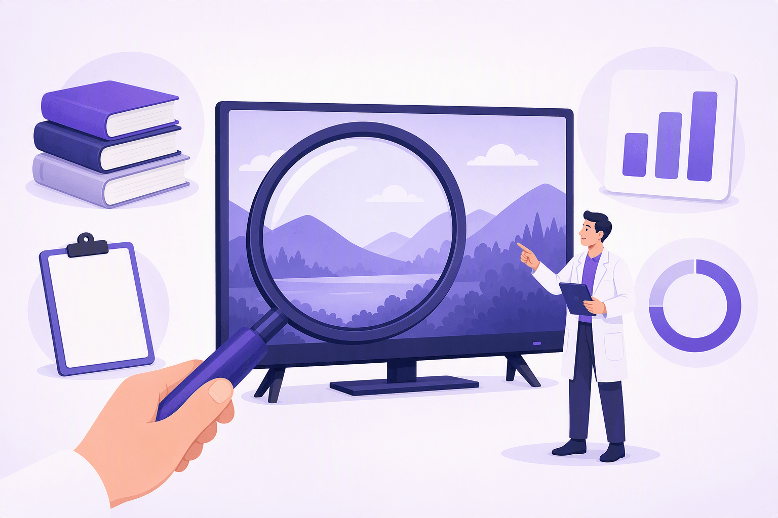 A magnifying glass examining a television screen, surrounded by books, a clipboard and simple charts, with a researcher pointing at the picture