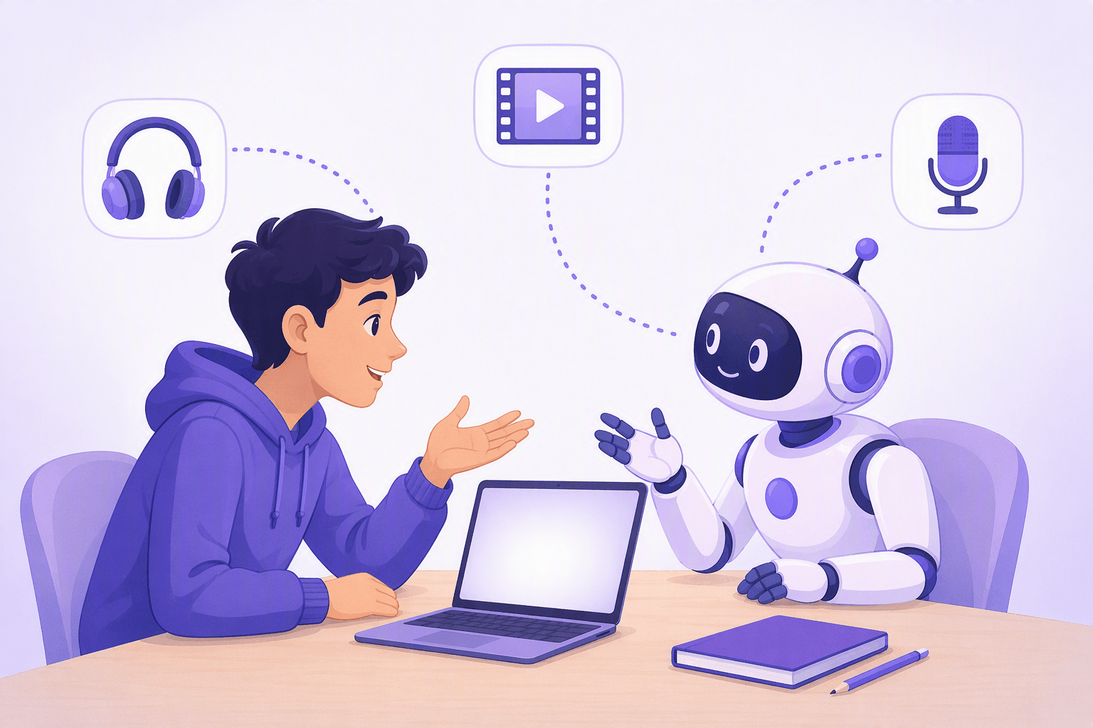 Egy tanuló egy íróasztalnál ül nyitott laptoppal, előrehajol egy beszélgetés közben egy vele szemben ülő, barátságos robotasszisztenssel, mindketten nyitott kézzel gesztikulálnak, miközben pontozott vonalak kötik őket egy fejhallgató-ikonhoz, egy lejátszás-háromszöges filmvászonhoz és egy mikrofonhoz, egy AI gyakorlópartner valódi hallgatás és beszéd melletti használatát bemutatva