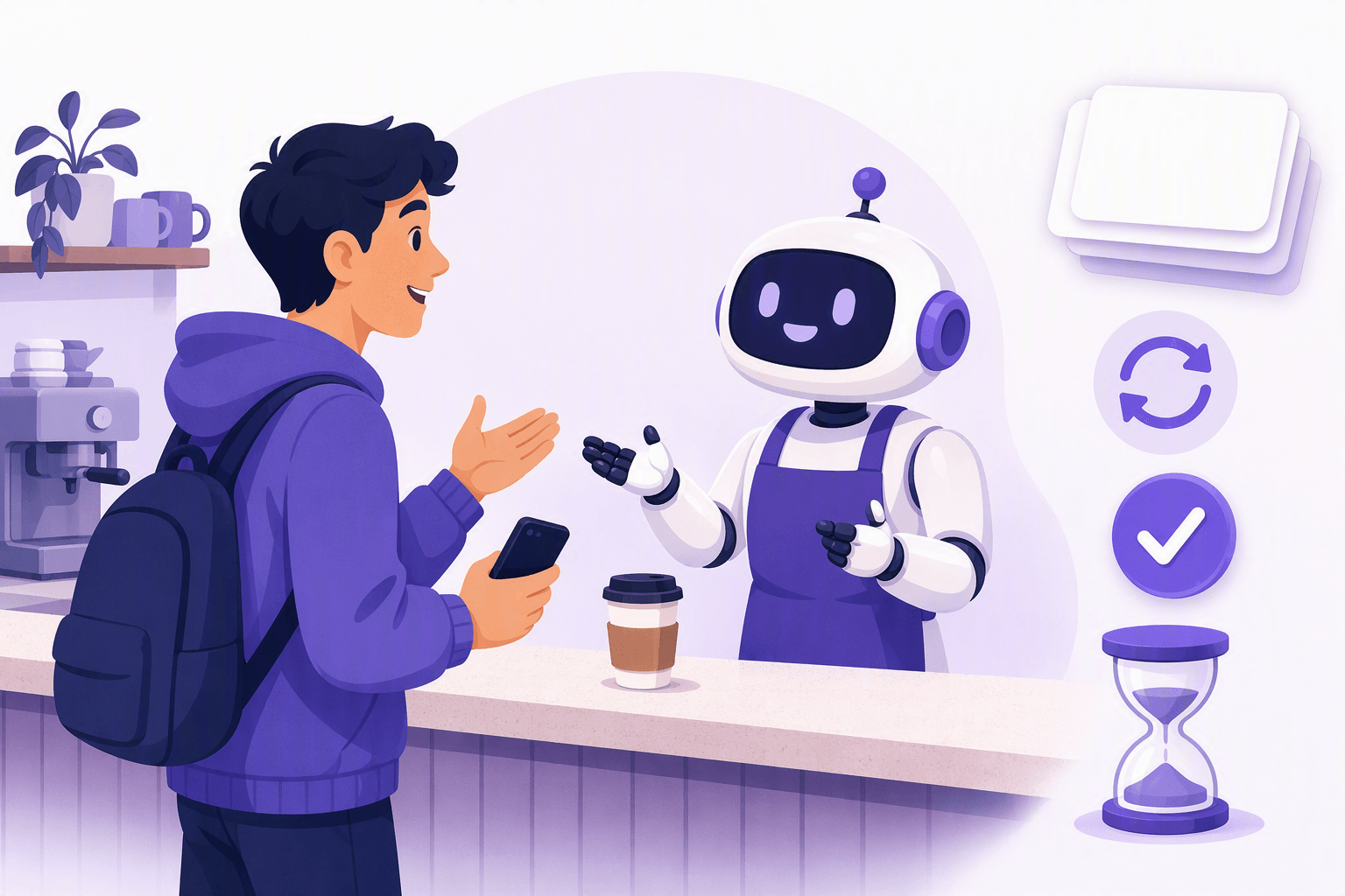 Egy tanuló egy kávézó pultjánál áll telefonnal a kezében, szemben egy robot baristával a pult mögött, mindketten gesztikulálva beszélgetnek, közöttük egy elviteles kávéspohárral, mellettük üres kártyák kötege, egy körkörös ismétlő nyíl, egy pipás jelvény és egy homokóra lebeg, bemutatva egy rövid, korlátozott szerepjátékot, amelyet javításokkal ismételnek