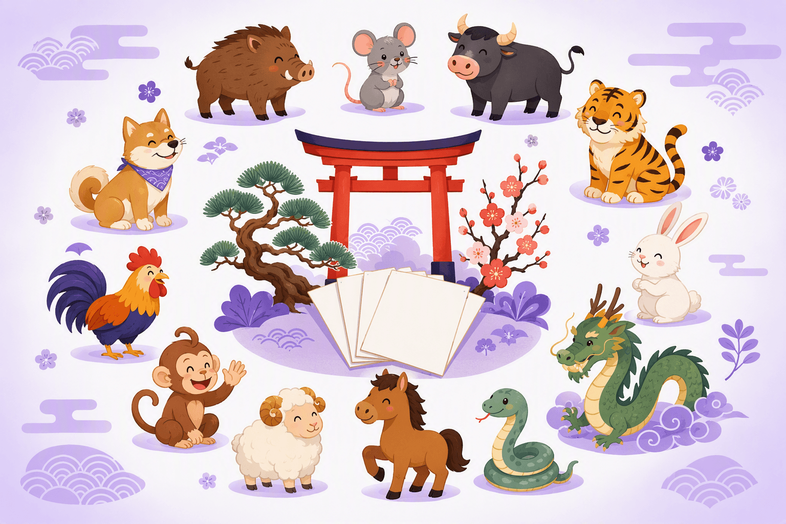 The twelve Japanese zodiac animals arranged in a ring around a New Year shrine scene with a torii gate, pine and plum branches