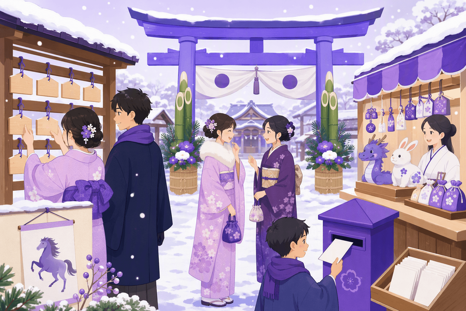 Japanese New Year shrine scene with blank wooden ema plaques, charm pouches, zodiac animal figurines, and a postbox with plain New Year postcards