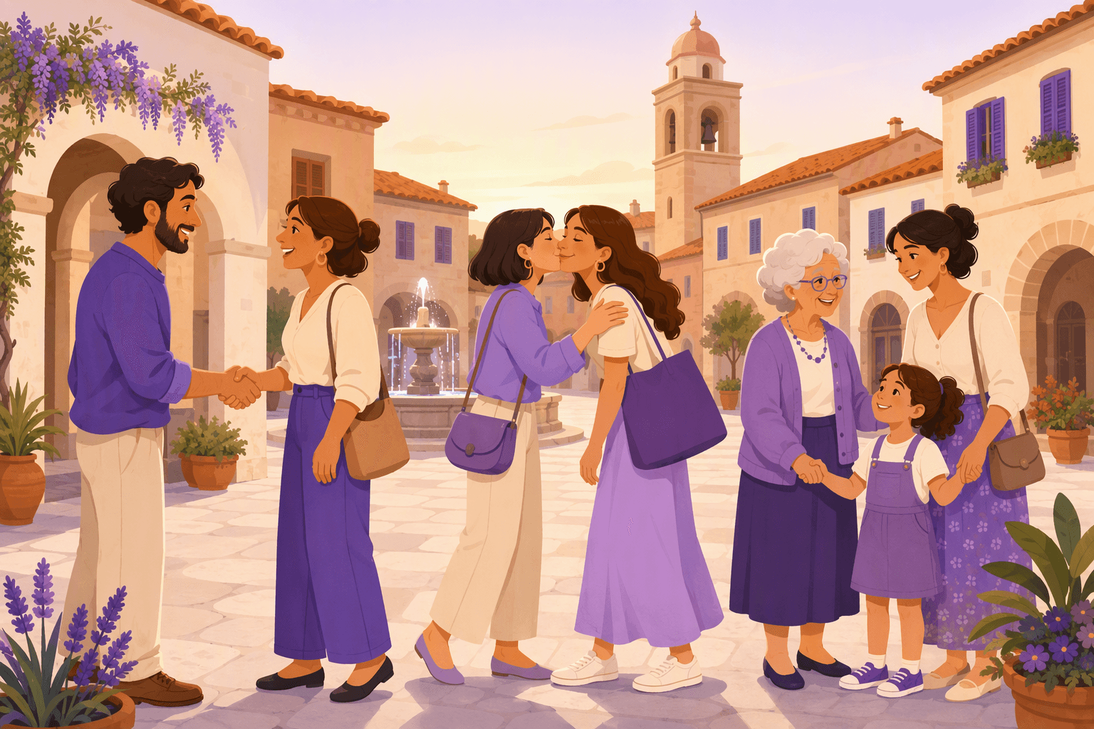 Italians in a piazza introducing themselves with handshakes, cheek kisses and a three-generation family standing together