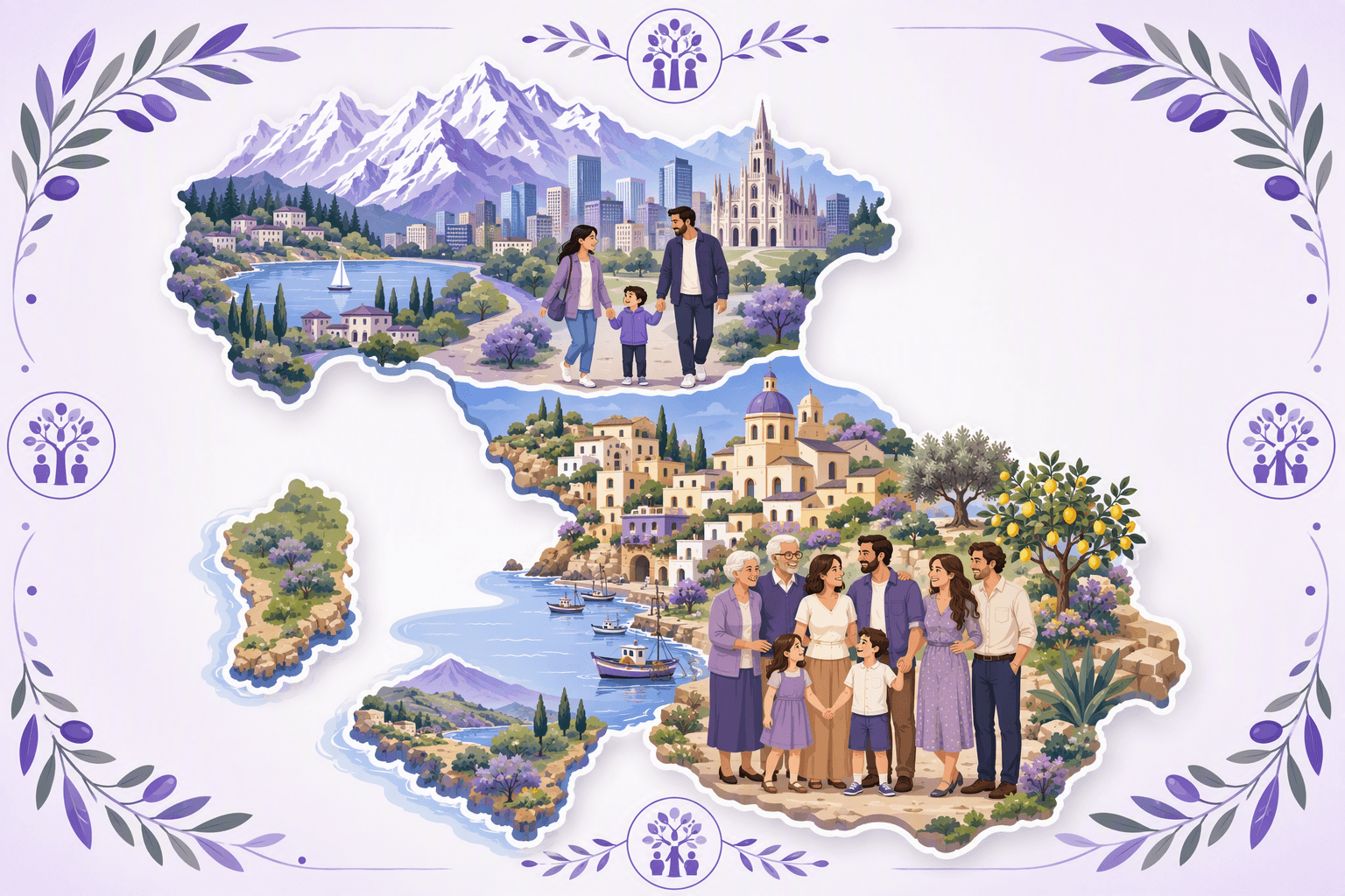Illustrated map of Italy contrasting a northern scene with alpine peaks, a modern city and a small family with a southern coastal village where a large multi-generational family stands together among olive and lemon trees