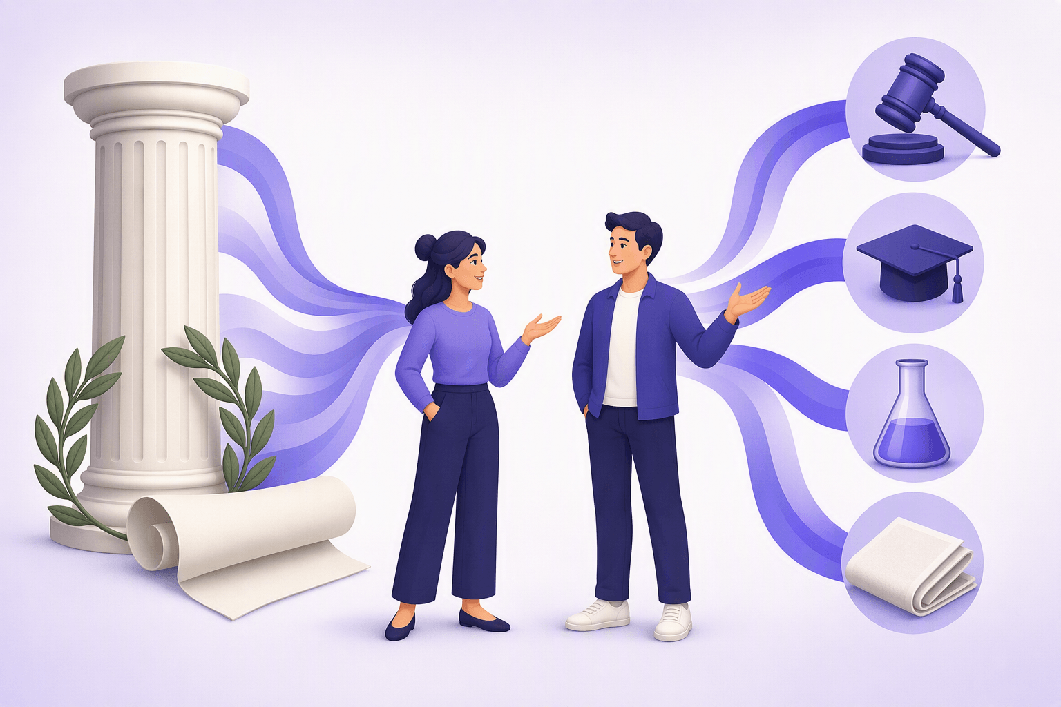 Classical Roman column, laurel branches and a blank scroll flowing into modern icons of law, education, science and journalism, with two people in conversation between them
