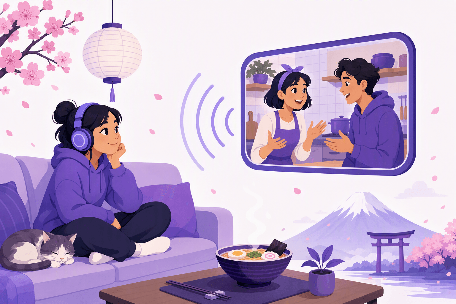 Learner in headphones relaxing on a couch with a sleeping cat, watching a screen where two characters chat in a kitchen, surrounded by sound waves, a bowl of ramen, a paper lantern and cherry blossoms, with Mount Fuji and a torii gate in the background, illustrating audio-first Japanese immersion