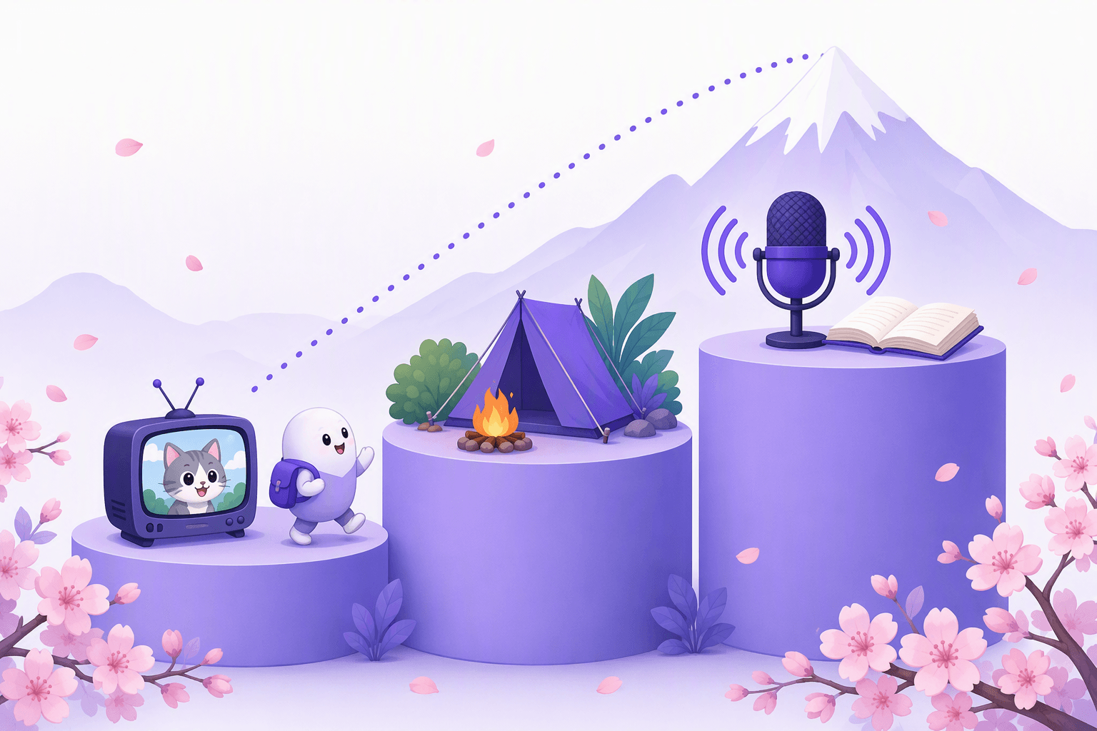 Three rising platforms with a small figure climbing: a television showing a kitten on the lowest, a tent and campfire on the middle, a podcast microphone and open book on the highest, with a dotted arc leading toward a snow-capped mountain, illustrating the beginner to advanced input ladder in Japanese