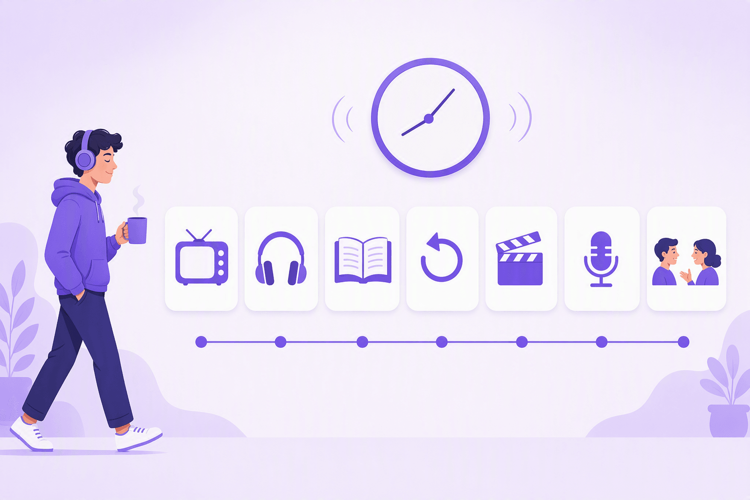 Row of seven cards each holding one icon - television, headphones, open book, replay arrow, clapperboard, microphone, two people talking - under a plain clock, with a person in headphones walking past holding a mug, illustrating a repeatable weekly Japanese input routine