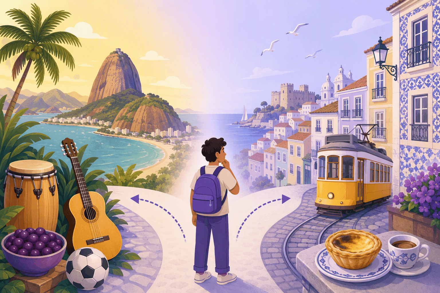 A backpacked learner seen from behind standing at a forking cobbled path with two dotted arrows: on the left a tropical bay with a sugarloaf granite peak, palm trees, a samba drum, an acoustic guitar, a bowl of purple berries and a football; on the right a European coastal city with a yellow tram, pastel townhouses faced in blue-and-white tiles, a castle on the hill and a custard tart beside an espresso cup, illustrating the choice between Brazilian and European Portuguese