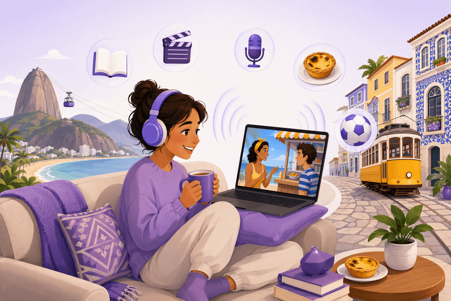 Learner in headphones sitting on a couch with a mug, watching a laptop where two characters chat at a sunny beach kiosk while sound waves ripple out, surrounded by floating icons of a book, a clapperboard, a microphone, a custard tart and a football, with a sugarloaf mountain and cable car over a tropical bay on one side and a yellow tram climbing a tiled cobbled street on the other, illustrating Portuguese comprehensible input from both Brazil and Portugal