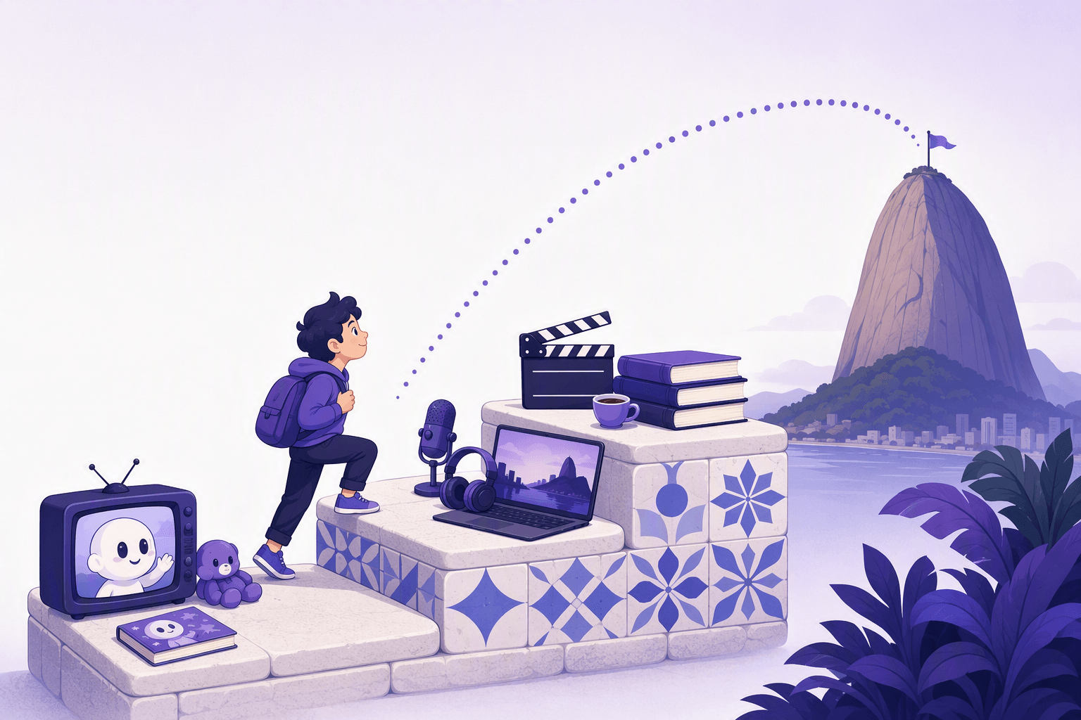 A small figure with a backpack climbing three rising stone steps faced with blue-and-white tile patterns: the lowest step holds a chunky television showing a simple cartoon character beside a picture book and a plush toy, the middle step a podcast microphone, headphones and a laptop showing a city skyline, the highest step a film clapperboard, a stack of thick books and an espresso cup, with a dotted arc curving over them toward a sugarloaf peak flying a small flag, illustrating the beginner to advanced Portuguese input ladder