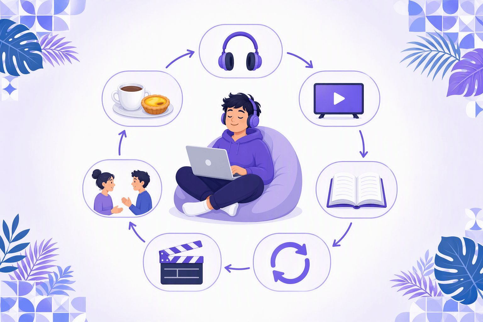A ring of seven rounded cards linked by curved arrows into a repeating loop, each card holding one icon - headphones, a television with a play triangle, an open book, a circular replay arrow, a film clapperboard, two figures facing each other in conversation, and a coffee cup with a custard tart - with a relaxed learner in headphones sitting cross-legged with a laptop in the middle and tropical leaves and tile patterns in the corners, illustrating a repeatable weekly Portuguese input routine