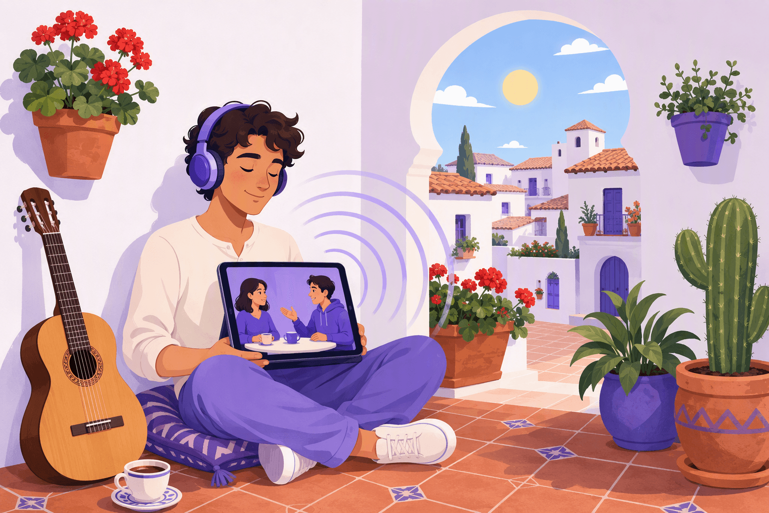 Learner in headphones sitting cross-legged in a sunny whitewashed courtyard with terracotta tiles, potted geraniums and a classical guitar, holding a tablet where two friendly figures chat at a small cafe table while sound waves ripple outward, illustrating relaxed Spanish listening input