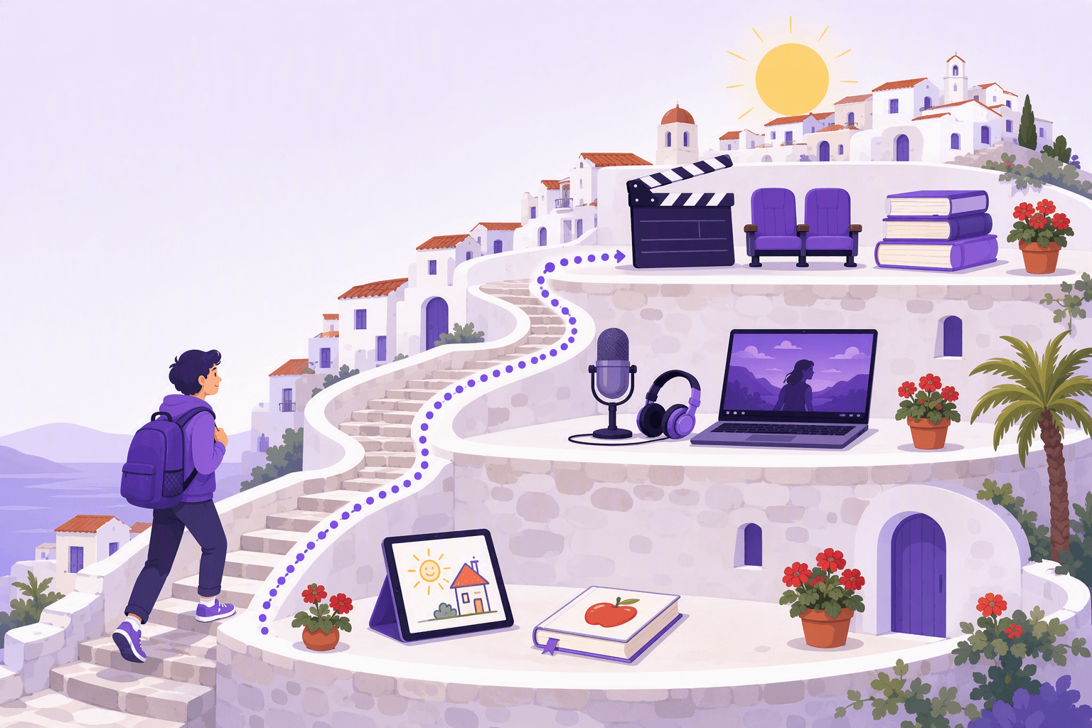 Three ascending stone terraces on a whitewashed hillside village linked by a winding staircase, a backpacker climbing upward: a tablet with a simple doodle and a picture book on the lowest terrace, a podcast microphone with headphones and a laptop on the middle one, a clapperboard, cinema seats and a stack of novels on the highest, illustrating the Spanish input ladder from beginner to advanced